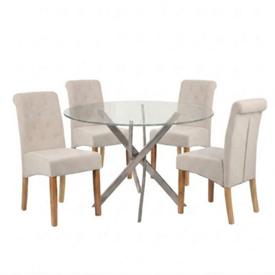 Oira Homes Modern 4 Seater Dining Table Set With Round Glass Dining Table And 4 Cream Velvet Chairs - image 1