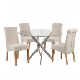 Oira Homes Modern 4 Seater Dining Table Set With Round Glass Dining Table And 4 Cream Velvet Chairs - thumbnail 1