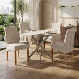 Oira Homes Modern 4 Seater Dining Table Set With Round Glass Dining Table And 4 Cream Velvet Chairs - thumbnail 2