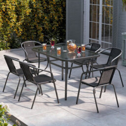 Living And Home Set Of 7 Black Tempered Glass 6 Seater Garden Furniture Set Outdoor Coffee Umbrella Table And Stackable Chairs 120 Cm - thumbnail 2
