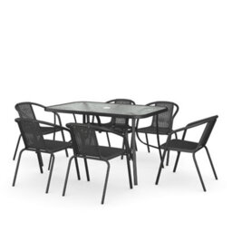 Living And Home Set Of 7 Black Tempered Glass 6 Seater Garden Furniture Set Outdoor Coffee Umbrella Table And Stackable Chairs 120 Cm - thumbnail 4
