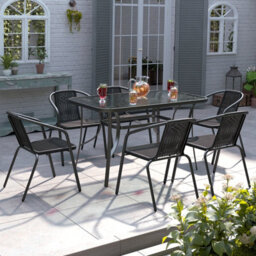 Living And Home Set Of 7 Black Tempered Glass 6 Seater Garden Furniture Set Outdoor Coffee Umbrella Table And Stackable Chairs 120 Cm - thumbnail 1