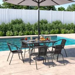 Living And Home Set Of 7 Black Tempered Glass 6 Seater Garden Furniture Set Outdoor Coffee Umbrella Table And Stackable Chairs 120 Cm - thumbnail 3