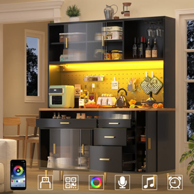 Btm Highboard 145X24X171Cm With Led And Pegboard Shelves, Tall Storage Cabinet, Black - image 1