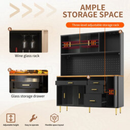 Btm Highboard 145X24X171Cm With Led And Pegboard Shelves, Tall Storage Cabinet, Black - thumbnail 6