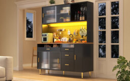 Btm Highboard 145X24X171Cm With Led And Pegboard Shelves, Tall Storage Cabinet, Black - thumbnail 9