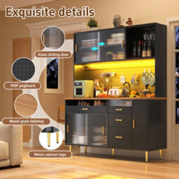 Btm Highboard 145X24X171Cm With Led And Pegboard Shelves, Tall Storage Cabinet, Black - thumbnail 8