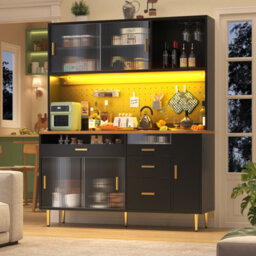 Btm Highboard 145X24X171Cm With Led And Pegboard Shelves, Tall Storage Cabinet, Black - thumbnail 3