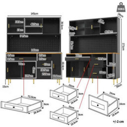 Btm Highboard 145X24X171Cm With Led And Pegboard Shelves, Tall Storage Cabinet, Black - thumbnail 5