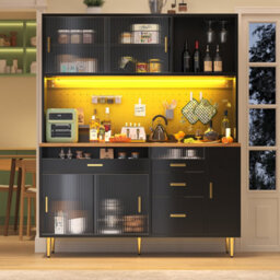 Btm Highboard 145X24X171Cm With Led And Pegboard Shelves, Tall Storage Cabinet, Black - thumbnail 4
