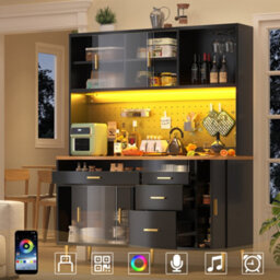 Btm Highboard 145X24X171Cm With Led And Pegboard Shelves, Tall Storage Cabinet, Black