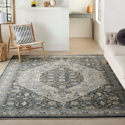 Grey/blue Luxurious Traditional Bordered Floral Rug Easy To Clean Living Room And Bedroom-300Cm X 381Cm