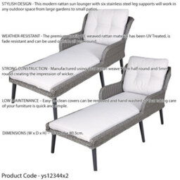Loops 2 Pack Grey Rattan Wicker Outdoor Sun Lounger With Cushions For Garden - thumbnail 2