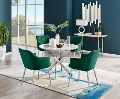 Furniturebox Uk Novara White Marble Round Dining Table & 4 Green Calla Silver Leg Chairs - image 1