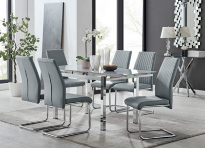 Furniturebox Uk 6 Seater Dining Set - Enna White Glass & Chrome Extendable Dining Table & Chairs - 6 Grey Leather Lorenzo Chairs - image 1