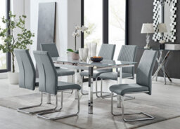 Furniturebox Uk 6 Seater Dining Set - Enna White Glass & Chrome Extendable Dining Table & Chairs - 6 Grey Leather Lorenzo Chairs - thumbnail 1