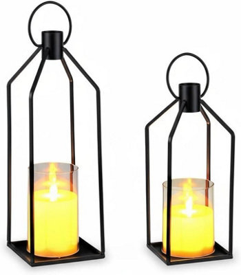 London Boutique 2Pcs Led Candle Lanterns, Black Metal Flameless Candles, Remote And Timer, Porch Fireplace Decor, 48Cm + 56Cm - image 1