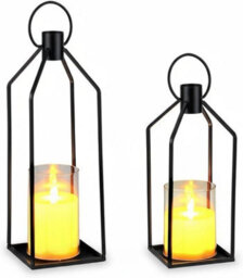 London Boutique 2Pcs Led Candle Lanterns, Black Metal Flameless Candles, Remote And Timer, Porch Fireplace Decor, 48Cm + 56Cm
