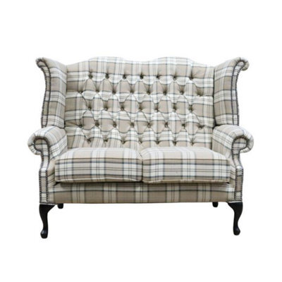 Chesterfield Handmade 2 Seater High Back Sofa Lana Beige Fabric In Queen Anne Style - image 1