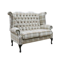 Chesterfield Handmade 2 Seater High Back Sofa Lana Beige Fabric In Queen Anne Style - thumbnail 2