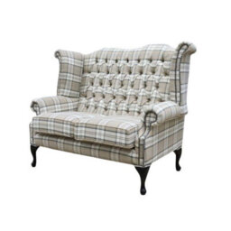 Chesterfield Handmade 2 Seater High Back Sofa Lana Beige Fabric In Queen Anne Style - thumbnail 3