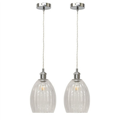 First Choice Lighting Set Of 2 Birch - Clear Fluted Glass Chrome Retro Pendant Fittings - image 1