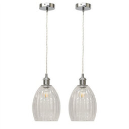 First Choice Lighting Set Of 2 Birch - Clear Fluted Glass Chrome Retro Pendant Fittings - thumbnail 1