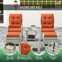 Outsunny Recliner Rattan Garden Furniture W/ Two-Tier Table, Orange - thumbnail 7