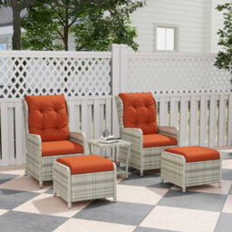 Outsunny Recliner Rattan Garden Furniture W/ Two-Tier Table, Orange - thumbnail 1