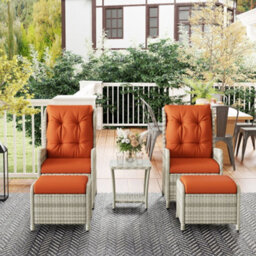 Outsunny Recliner Rattan Garden Furniture W/ Two-Tier Table, Orange - thumbnail 9