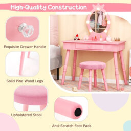 Costway Princess Dressing Table & Chair Set Kids Vanity Set W/ Lighted Mirror-Pink - thumbnail 9