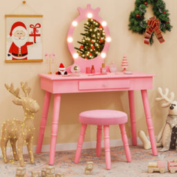 Costway Princess Dressing Table & Chair Set Kids Vanity Set W/ Lighted Mirror-Pink - thumbnail 4