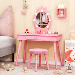 Costway Princess Dressing Table & Chair Set Kids Vanity Set W/ Lighted Mirror-Pink