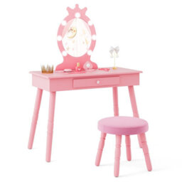 Costway Princess Dressing Table & Chair Set Kids Vanity Set W/ Lighted Mirror-Pink - thumbnail 2