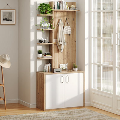 Btm Coat Rack With Shoe Rack, 5 Shelves  And  4 Hooks, 3In1 Hall Tree, 75X33X180Cm, White  And  Wood - image 1