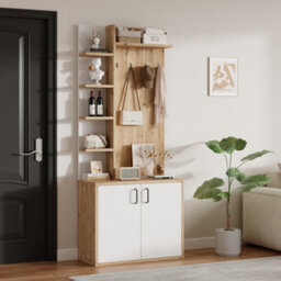 Btm Coat Rack With Shoe Rack, 5 Shelves  And  4 Hooks, 3In1 Hall Tree, 75X33X180Cm, White  And  Wood - thumbnail 5
