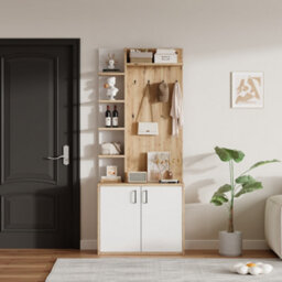 Btm Coat Rack With Shoe Rack, 5 Shelves  And  4 Hooks, 3In1 Hall Tree, 75X33X180Cm, White  And  Wood - thumbnail 4