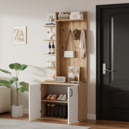 Btm Coat Rack With Shoe Rack, 5 Shelves  And  4 Hooks, 3In1 Hall Tree, 75X33X180Cm, White  And  Wood - thumbnail 3