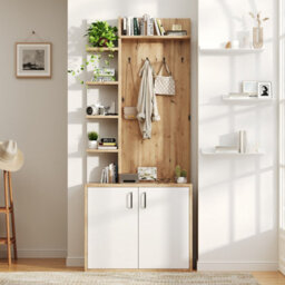 Btm Coat Rack With Shoe Rack, 5 Shelves  And  4 Hooks, 3In1 Hall Tree, 75X33X180Cm, White  And  Wood - thumbnail 2