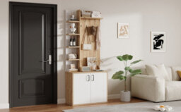 Btm Coat Rack With Shoe Rack, 5 Shelves  And  4 Hooks, 3In1 Hall Tree, 75X33X180Cm, White  And  Wood - thumbnail 9