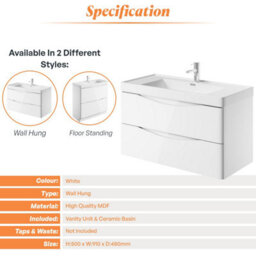 Plum&clay Eden Gloss White Wall Hung Vanity Unit With Ceramic Basin (W)900mm - thumbnail 5