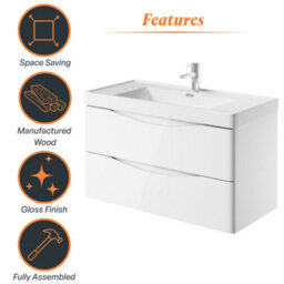 Plum&clay Eden Gloss White Wall Hung Vanity Unit With Ceramic Basin (W)900mm - thumbnail 6