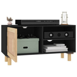 Vidaxl Tv Cabinet Black 80X30X40 Cm Solid Wood Pine And Natural Rattan - thumbnail 3