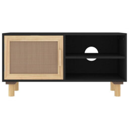 Vidaxl Tv Cabinet Black 80X30X40 Cm Solid Wood Pine And Natural Rattan - thumbnail 4