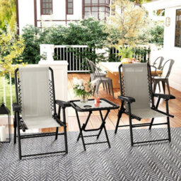 Outsunny 3 Pieces Folding Garden Bistro Set With Cup Holders, Cream White - thumbnail 1