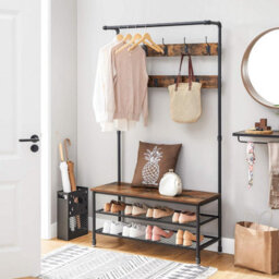 Coat Rack Stand, Large Hall Tree With Bench And Shoe Storage, 9 Hooks, Shoe Rack, Hanging Rail, Rustic Brown And Black