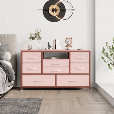 Pink Modern Tv Cabinet With 8 Fabric Drawers Led Lights Power Socket Bedroom Storage - image 1