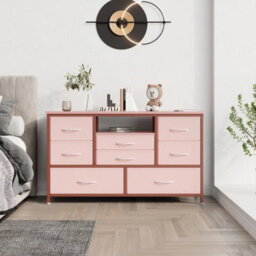 Pink Modern Tv Cabinet With 8 Fabric Drawers Led Lights Power Socket Bedroom Storage - thumbnail 4