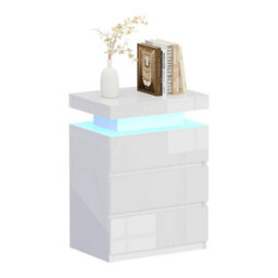Modern White High Gloss 3 Drawer Cabinet Bedroom Bedside Table With Led Light - thumbnail 6