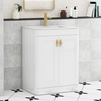 Royal Bathrooms Henley 600mm Gloss White Floor Standing Vanity Unit 2 Door With Undrilled Carrara White Top & Brushed Brass Knob - image 1